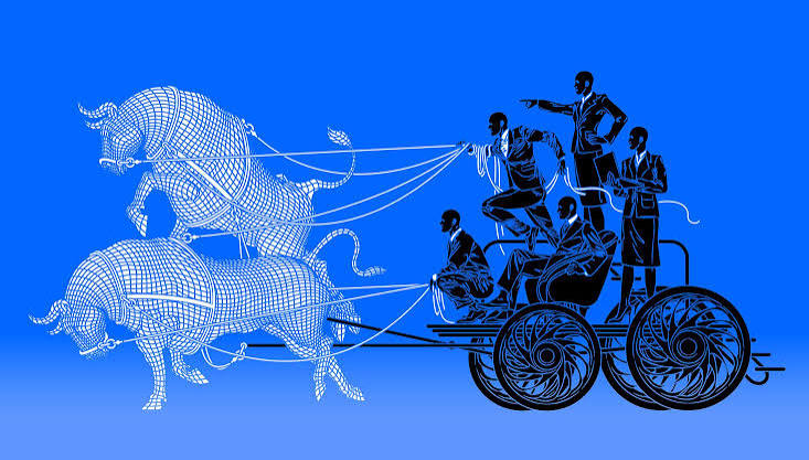 Blue illustration of a team riding a carriage pulled by two wireframe oxen