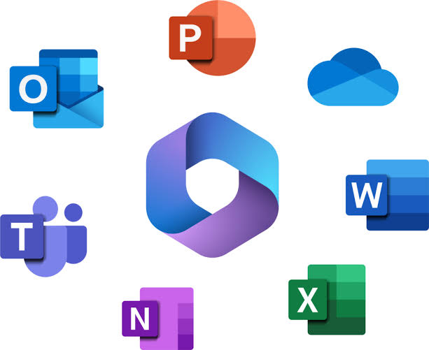 Microsoft 365 and Office app icons around the Microsoft 365 logo