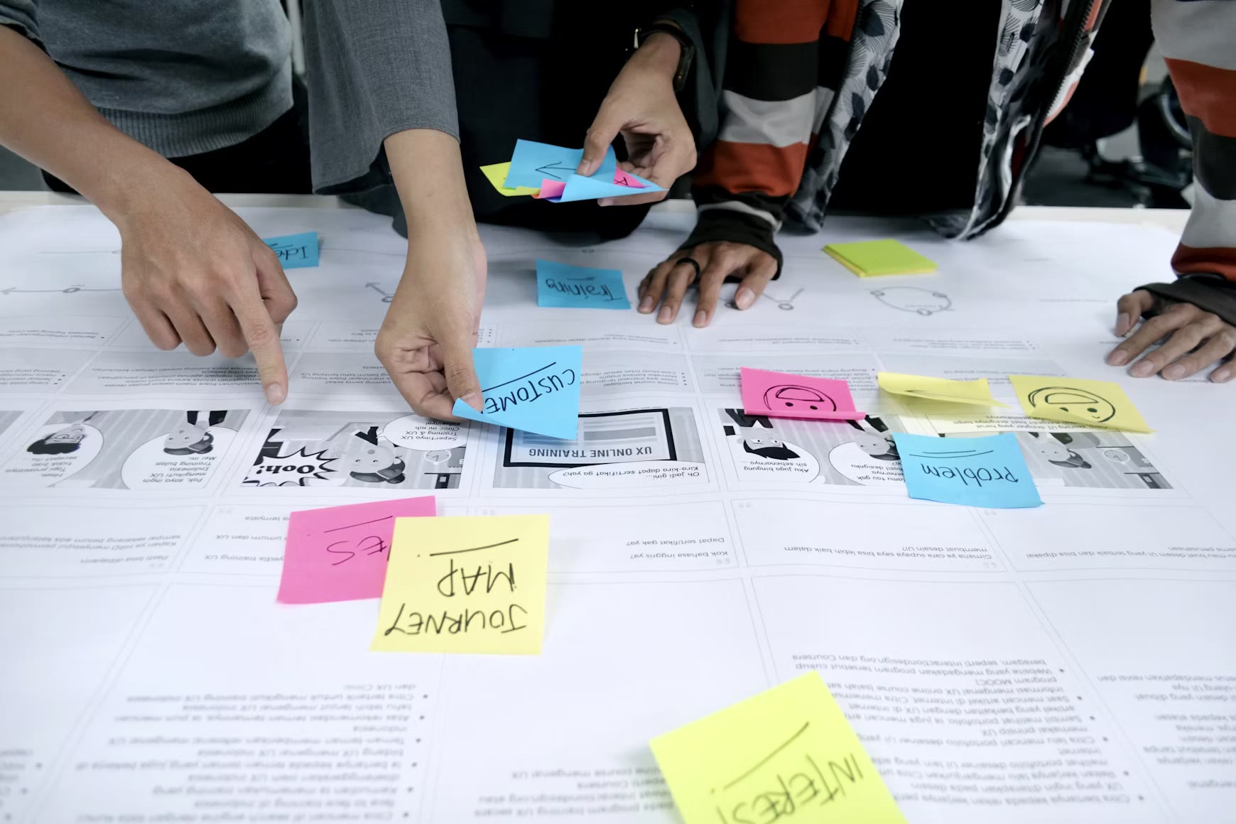 People mapping a customer journey with notes and printed pages on a table