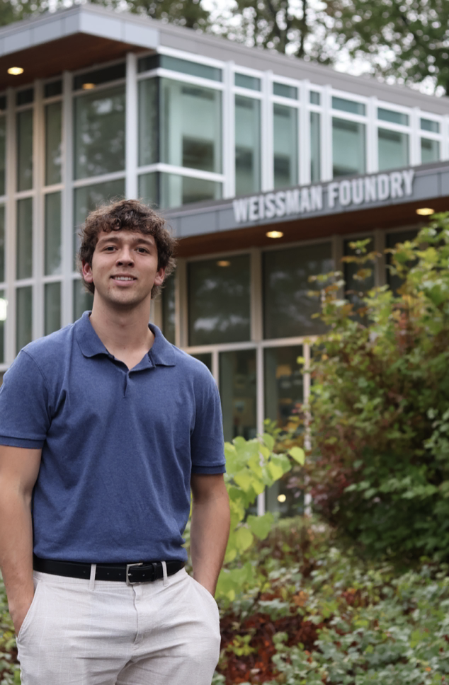 Cole Collins outside the Weissman Foundry at Babson College